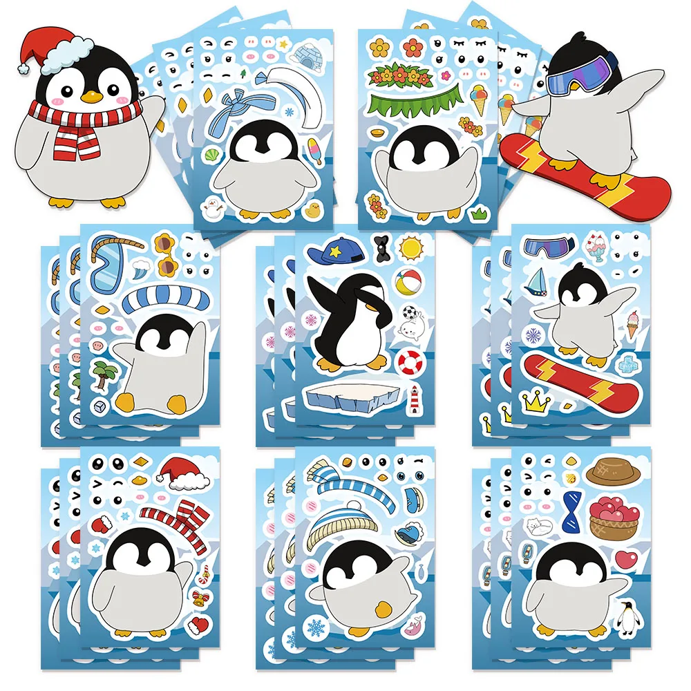 8 pièces dessin animé pingouin visage changeant Puzzle autocollants dessin animé Animal visage changeant autocollants bricolage