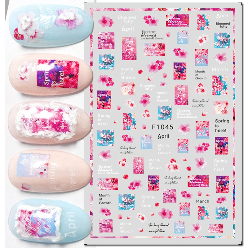 

3d Nail Art Decals Pink Blooming Cherry Flowers Letters Adhesive Sliders Nail Stickers Decoration For Nail Tips Beauty