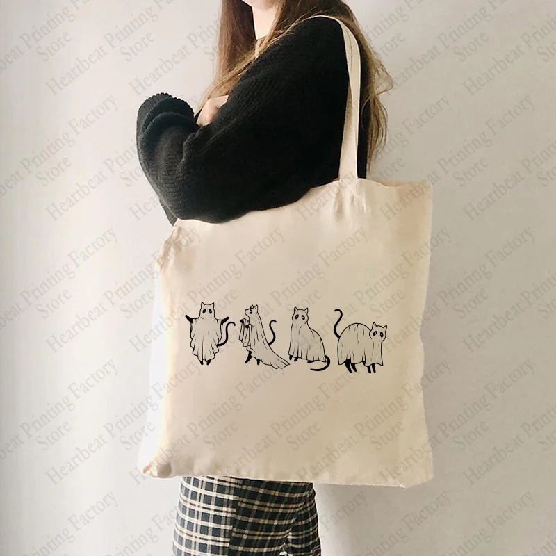 Ghost Cat Halloween Pattern Canvas Shopping Bag Ghost Halloween Gift Shoulder Bag Women Large Capacity Tote Bag