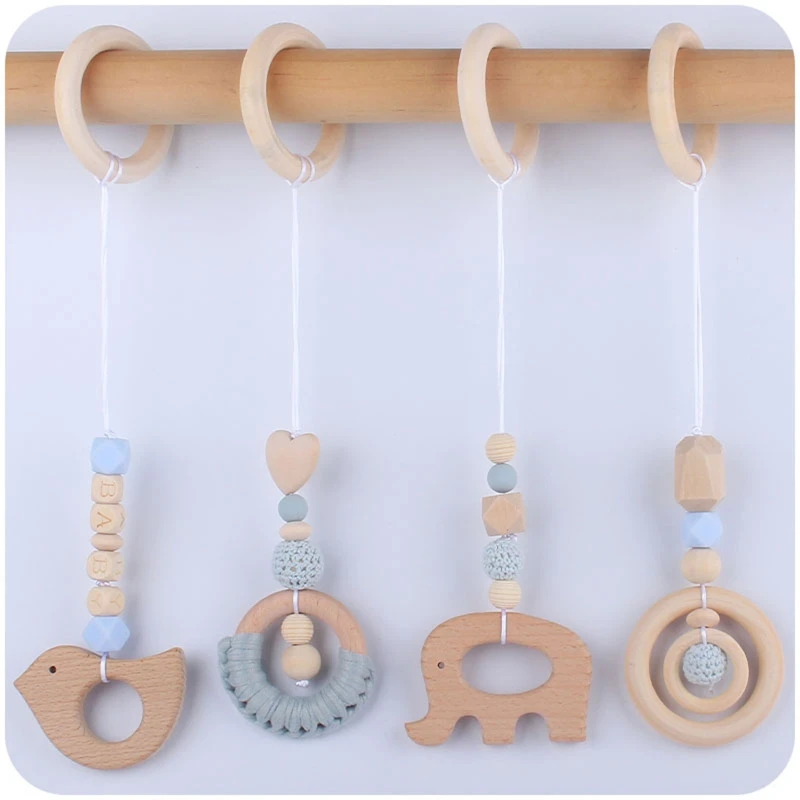 RIRI 4 Pcs Baby Gym Frame Pendants Fitness Rack Stroller Crib Rattle Wooden Ring Beads Teether Hanging Mobile Bed Bell Infants