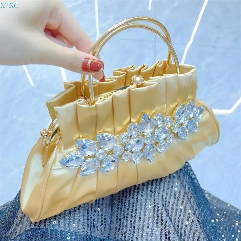 

X7XC Women Pleated Evening Clutch Bag Rhinestones Shoulder Bag Evening Handbag