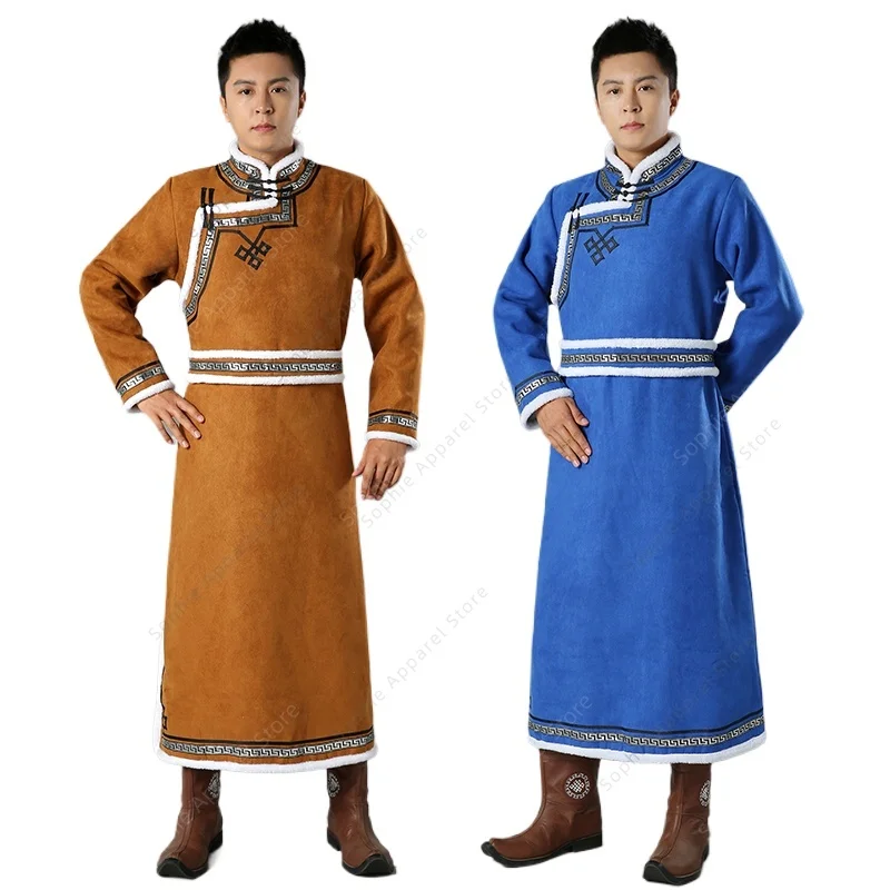 

Men's Traditional Mongolian Deel Robe Winter Thicken Warm Ethnic Clothing Inner Mongolia/Manchu Long Gown Costume