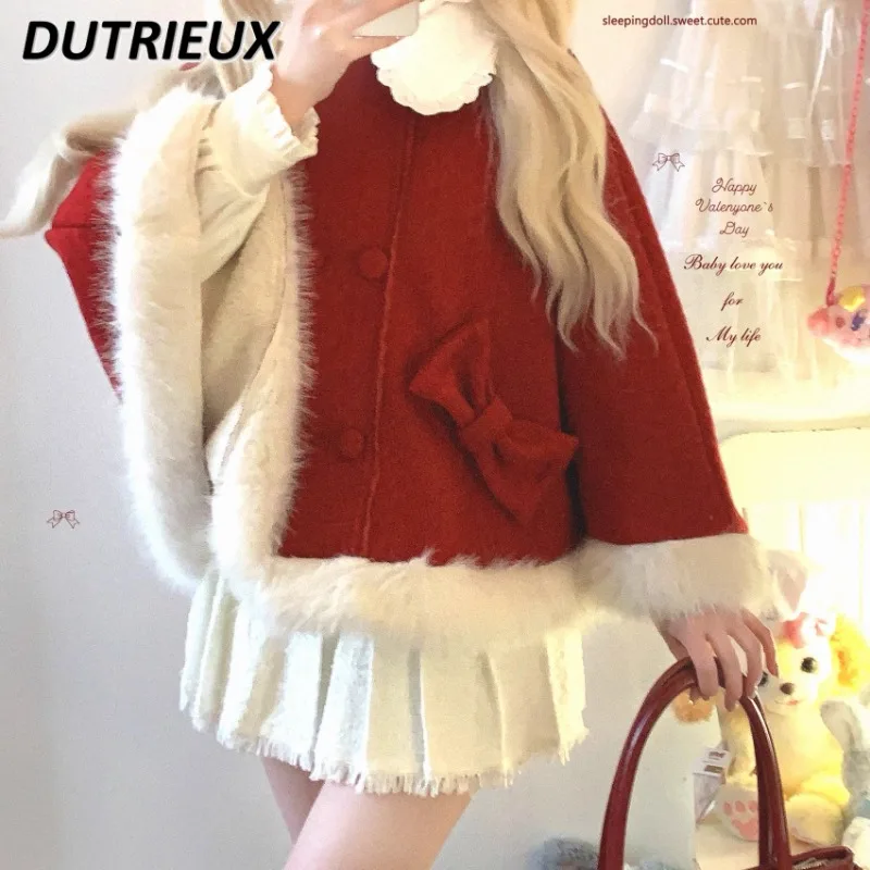 2025 Autumn Winter New Retro Double-breasted Fluffy Clock Jacket Sweet and Cute Girl Loose Lapel Bow Red Cape Short Coat