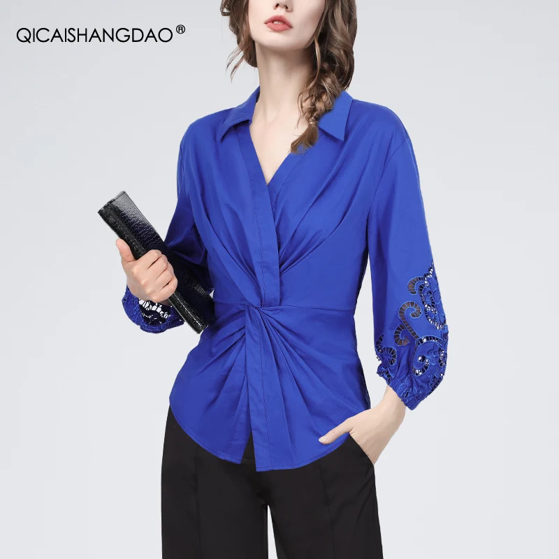 Design francese con scollo a v e camicia ricamata scavata per abbigliamento primaverile 2024 da donna, nuovo top a maniche lunghe intrecciato e