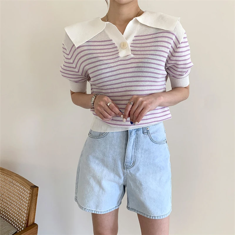 Female Fashion Short Sleeve Slim Turndown Collar Knitted Sweaters Women's Summer Striped Tops Vintage Loose All Match Pullover