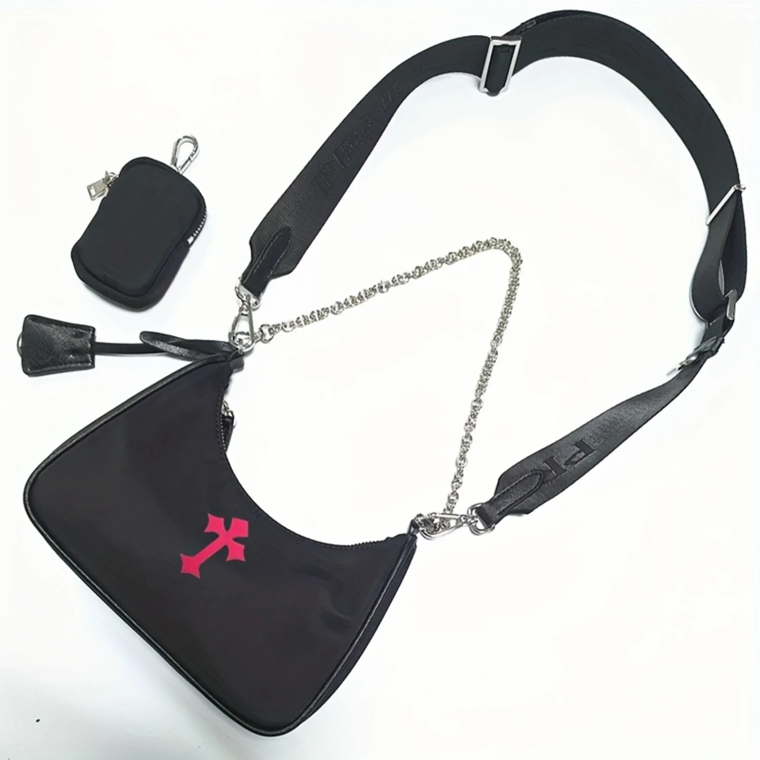 Vintage Embroidered Cross Shoulder Bag Chain Strap Punk Style Crossbody Handbag