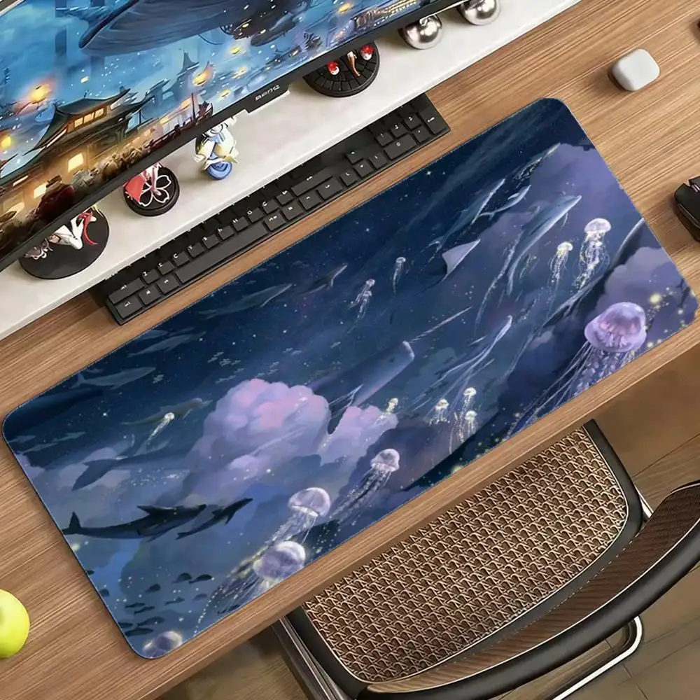 Dreamy Cloud Ocean Jellyfish Cherry Blossom Landscape Extended Desk Mat Stitched Edge Non‑Slip Rubber Base Keyboard Mat