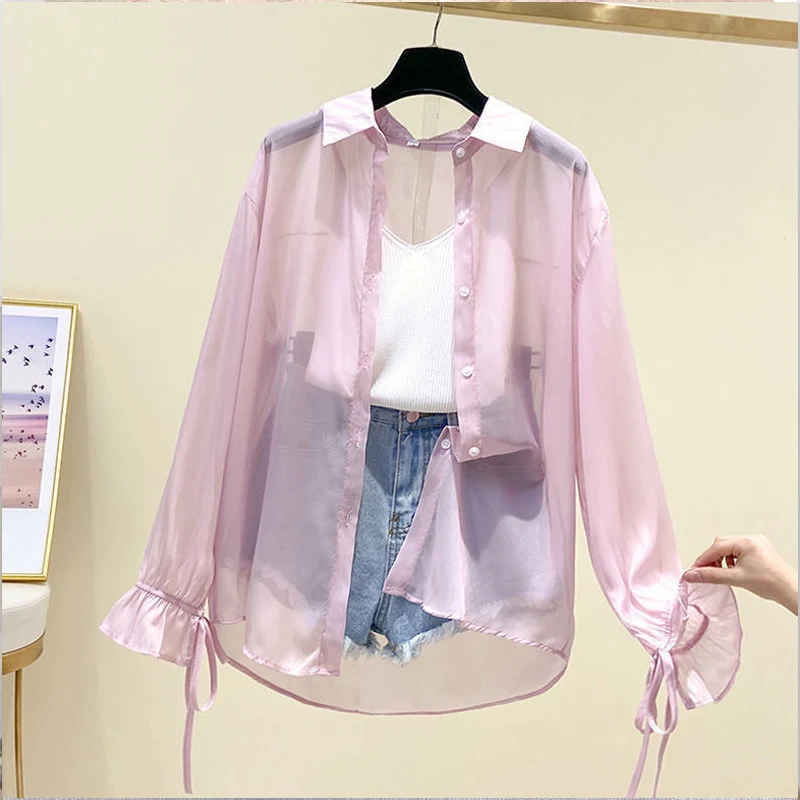 Summer Solid Color Sunscreen Clothing Female POLO Collar Long Sleeve Cardigan Ladies Thin Style Sheer Shirt Women Chiffon Shirt