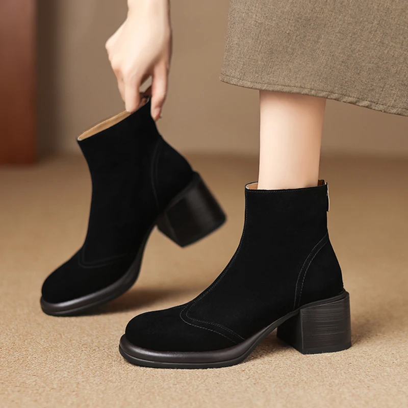 2026 new autumn winter women ankle boots natural leather 22-25cm cow suede upper round toe thick heel back zip short boots