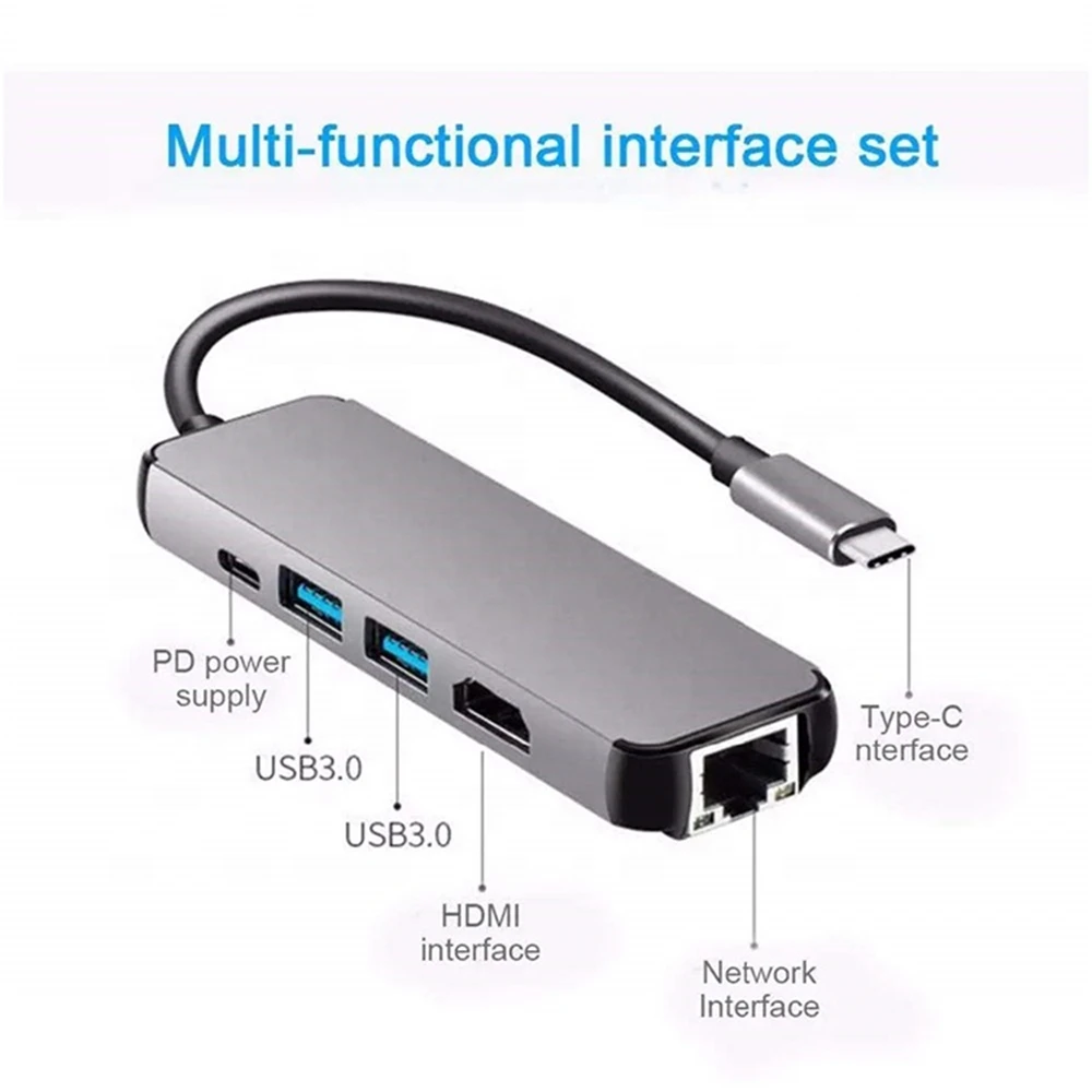 Convertidor de tarjeta de red con cable externo 5 en 1, concentrador de adaptador Ethernet Lan para MacBook, tipo C a RJ45, USB-C