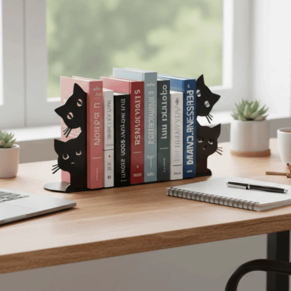 Versatile Metal Bookend Black Metal Durable Iron Cat Bookend Sitting Standing Cats Exquisite Creative Book Holder Home Library