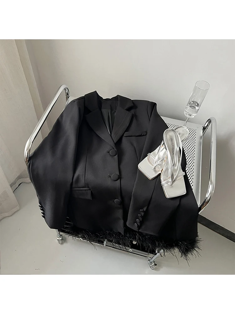 Formal Occasion Korean Fashion Long Sleeve Blazer Autumn Winter Lapel Collar Suit Jacket Feathers Spliced Office Lady Outerwear