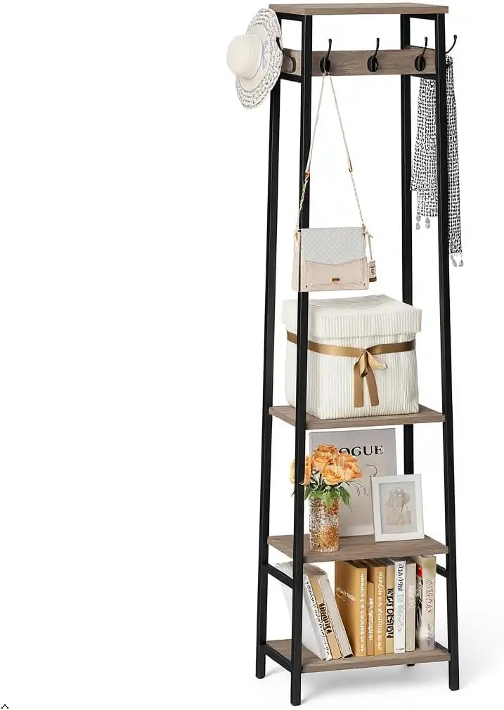 

Freestanding Coat Rack with 3 Shelves & 7 Hooks, Industrial Style in Greige and Black