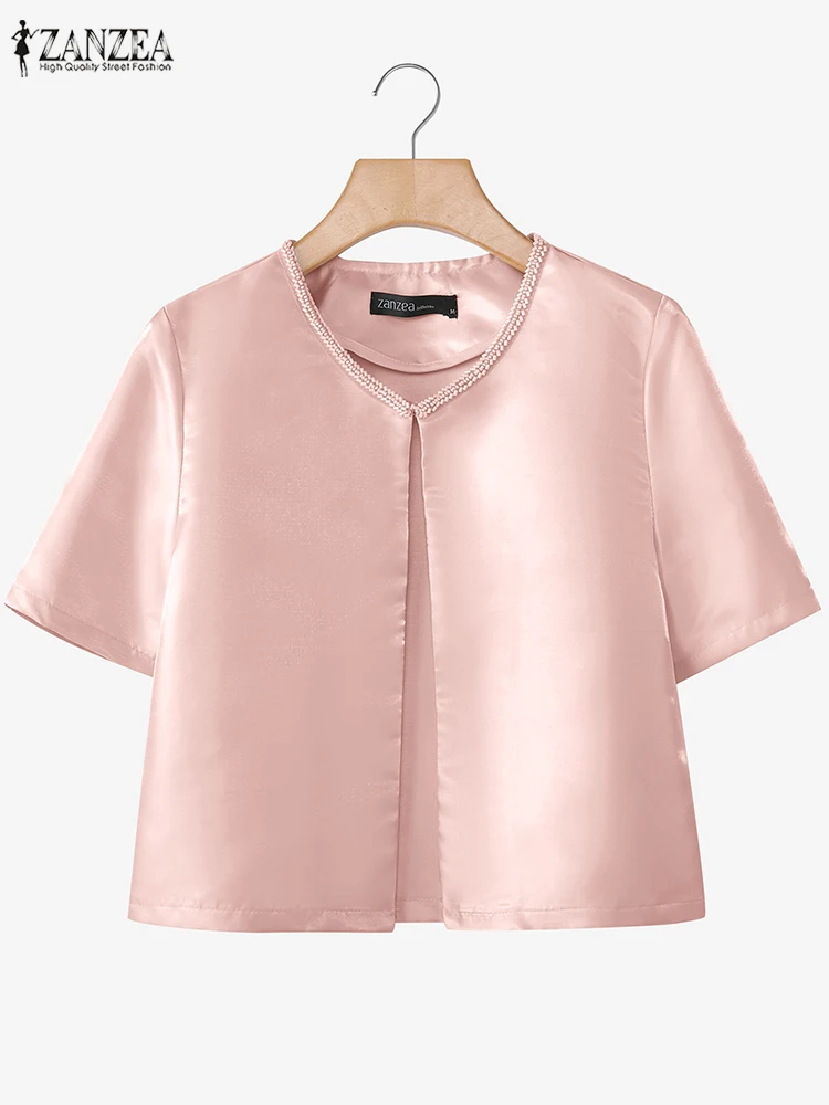 

Elegant Women Satin Blouse ZANZEA Summer Cardigan O Neck Short Sleeve Blusas Causal Tops Female Cover Up Stylish Holiday Shirt