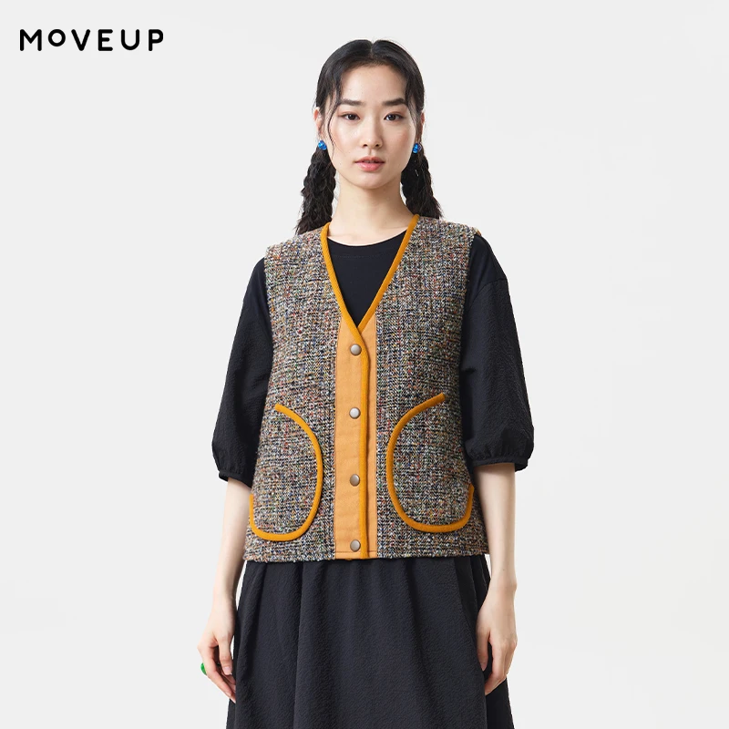 MOVEUP Woolen Vests 2026 Autumn V‑Neck Contrast Binding Patch Pockets Vest Coat Single-breasted Sleeveless Waistcoat 3ELQ61001