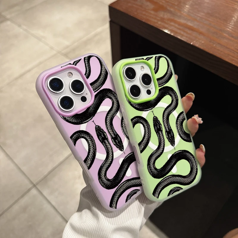 المغناطيسي بسيط الجمالية الاتجاه الأسود بيثون نمط جراب هاتف آيفون 16 15 14 13 12 11 بروماكس سيليكون جراب هاتف غطاء