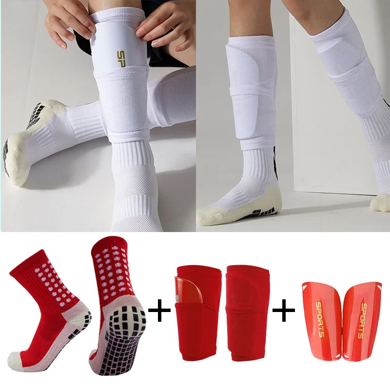 Three-piece Anti Slip Soccer Socks Football Shin Guards Adults Kids Elasticity Legging Cover Sleeve With Pocket Protection Gear