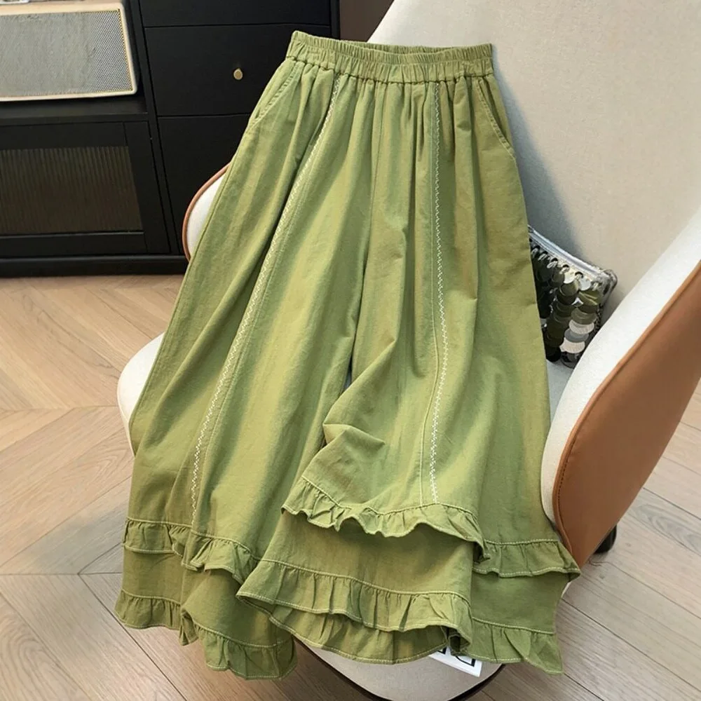 Women's Ruffled Hem Wide-Leg Pants, Elastic Waist Casual Culottes with Embroidery & Side Pockets, Loose-Fit Summer Trousers
