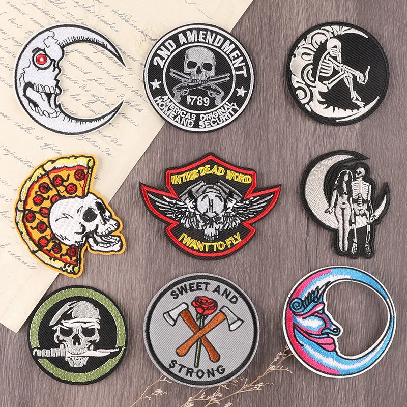 Punk Moon Skull Embroidered Patch Applique for Clothes Ironing on Clothing Badges Jacket Sewing Decorative Embroidery Patches