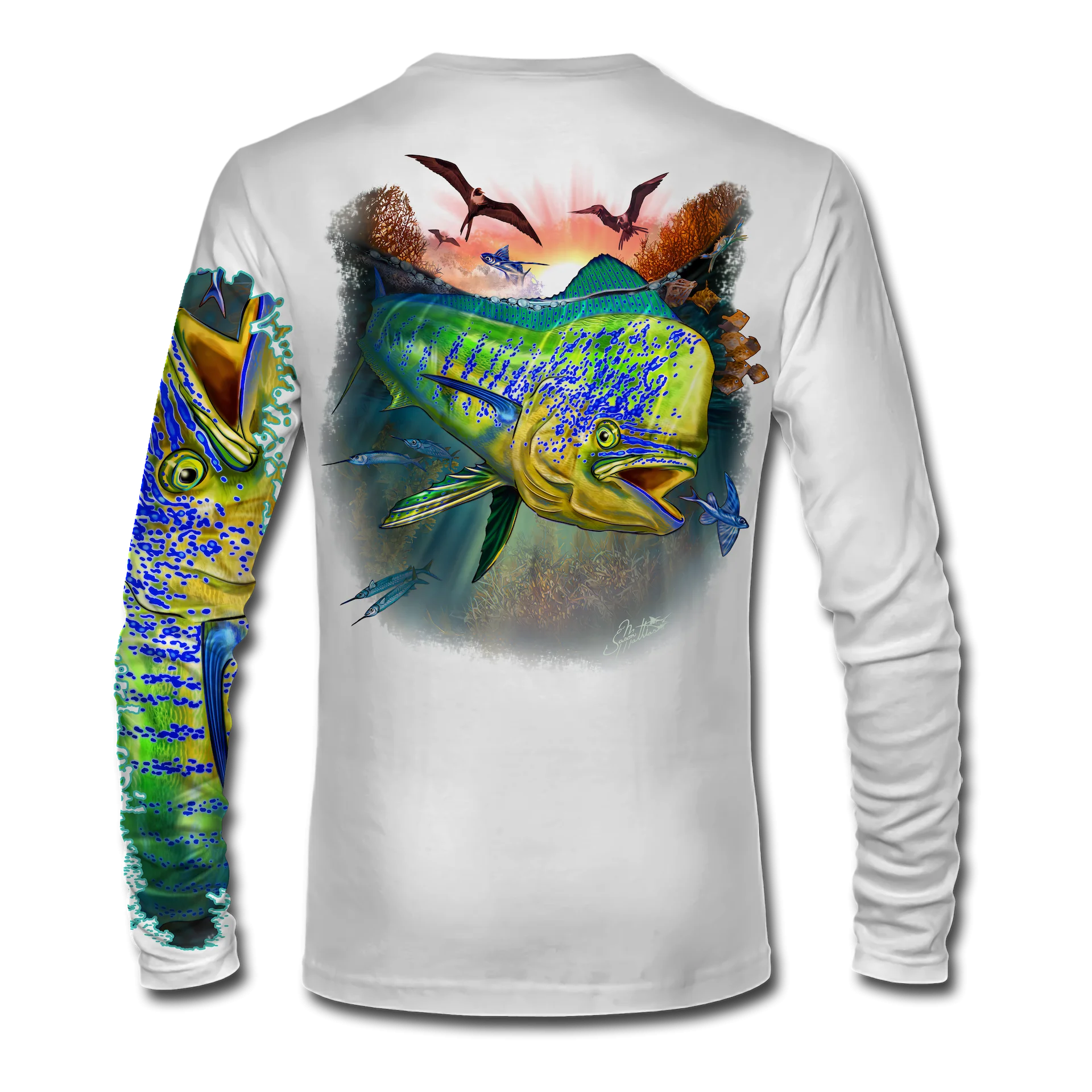 Breathable Skin-Friendly Outdoor Crew Neck Long Sleeve Tee, Big Fish Back Print for Beach Trips, Short Outings & Casual Fishing