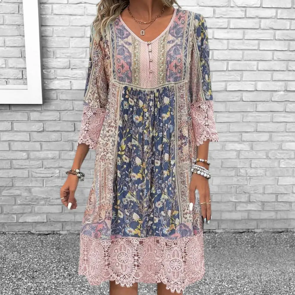 Sommer Midi Kleid Blumen druck Kleid Bohemian Stil Blumen druck Midi Kleid mit Spitze Patchwork V-Ausschnitt Knöpfe Frauen Retro