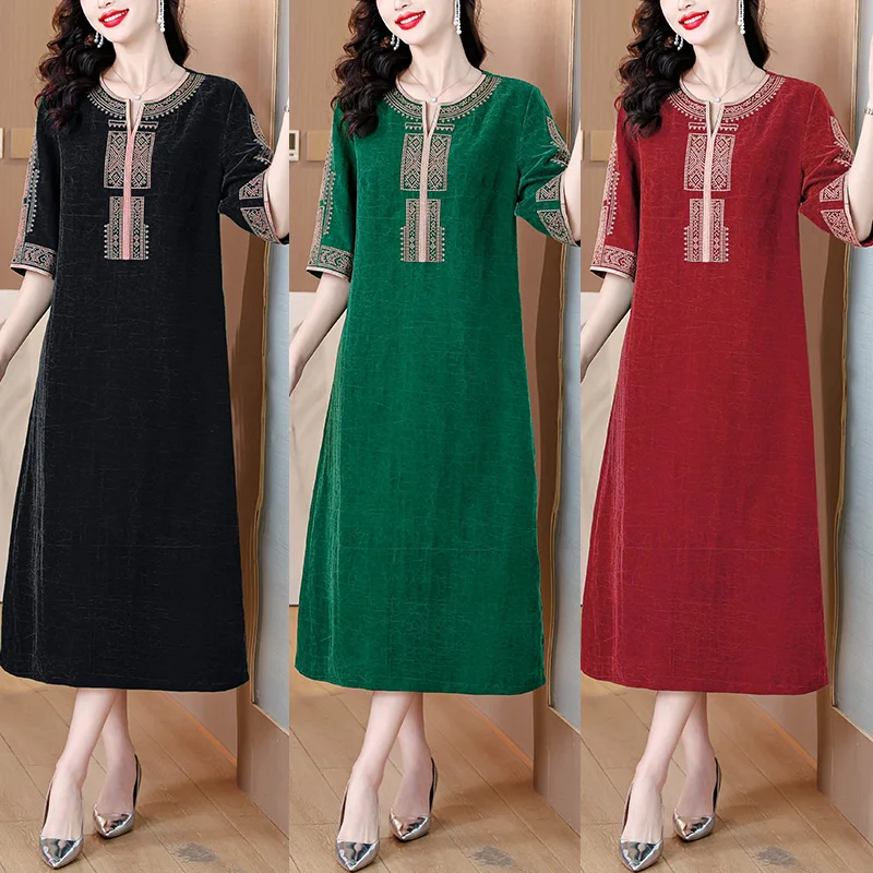 여름 정장 행사 실크 새틴 럭셔리 미디 드레스 여성 빈티지 자수 비치 보헤미안 드레스 2025 우아한 캐주얼 파티 드레스