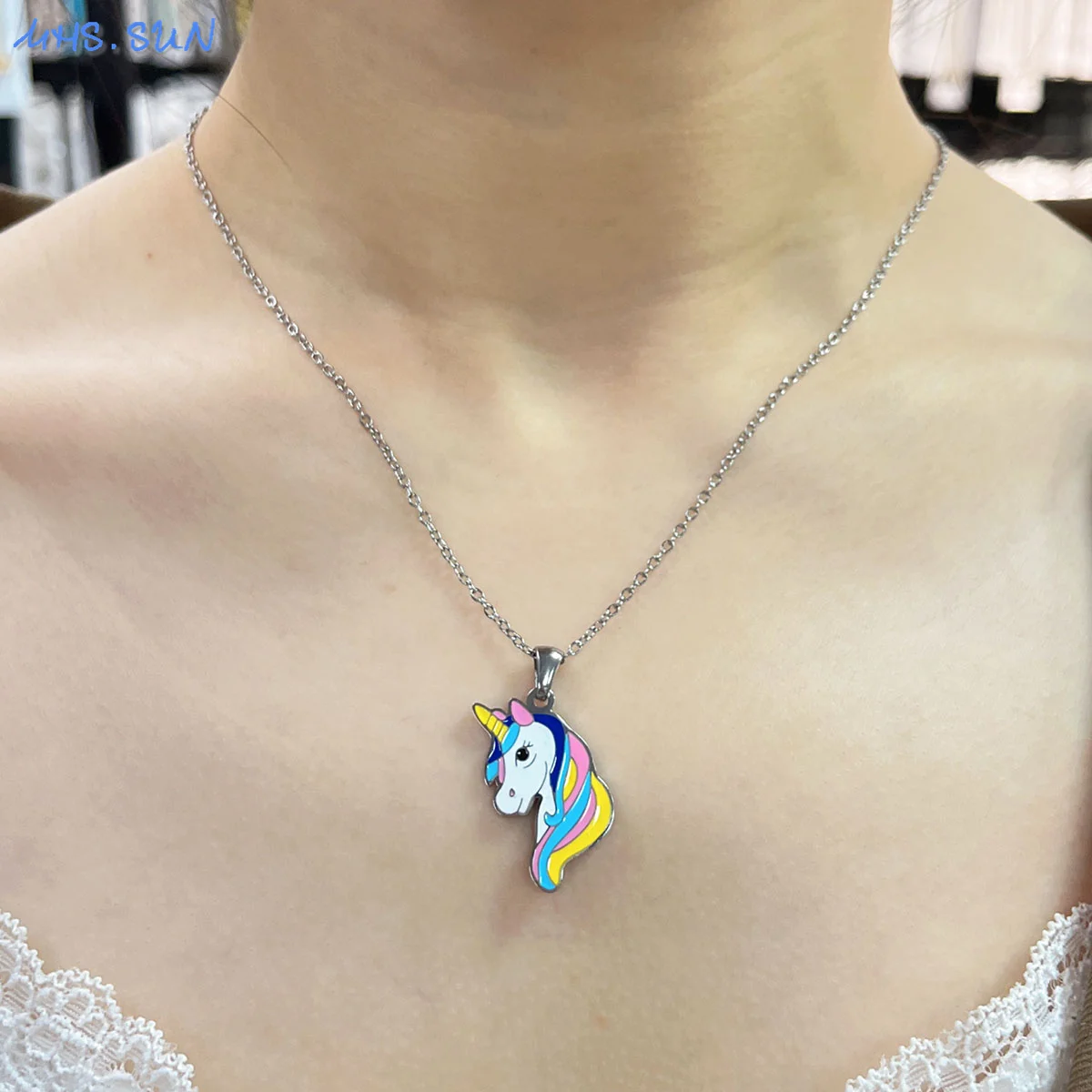 MHS.SUN Gold Silver Color Girls Jewelry Set Stainless Steel Magic Unicorn Necklace Colorful Drop Oil Earrings Lovely Women Gift