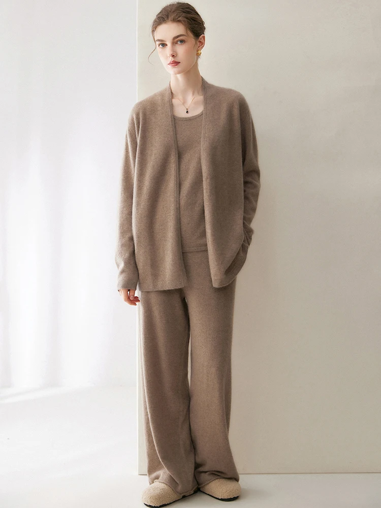 TLOML Women 100% Cashmere Sweater Set Solid Cardigan O-neck Vest Rolled Edge Wide Leg Pants Autumn Winter Cashmere Knitwear Suit