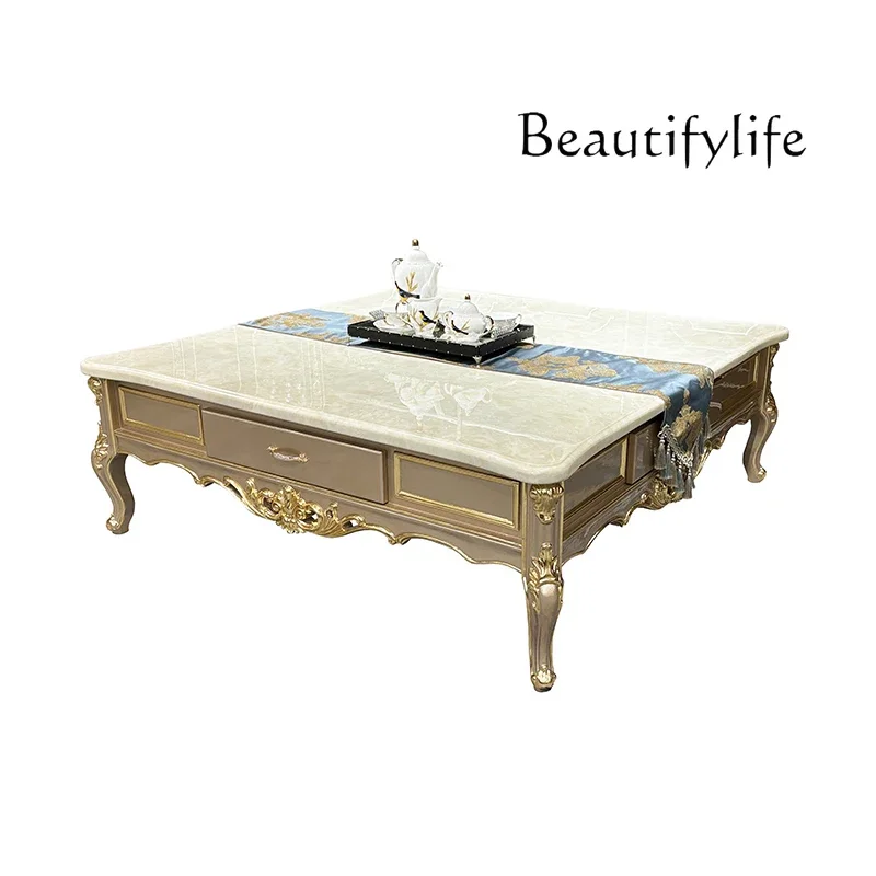 

Kk European Solid Wood Square Court Luxury Villa Living Room With Drawers Marble Large Coffee Table