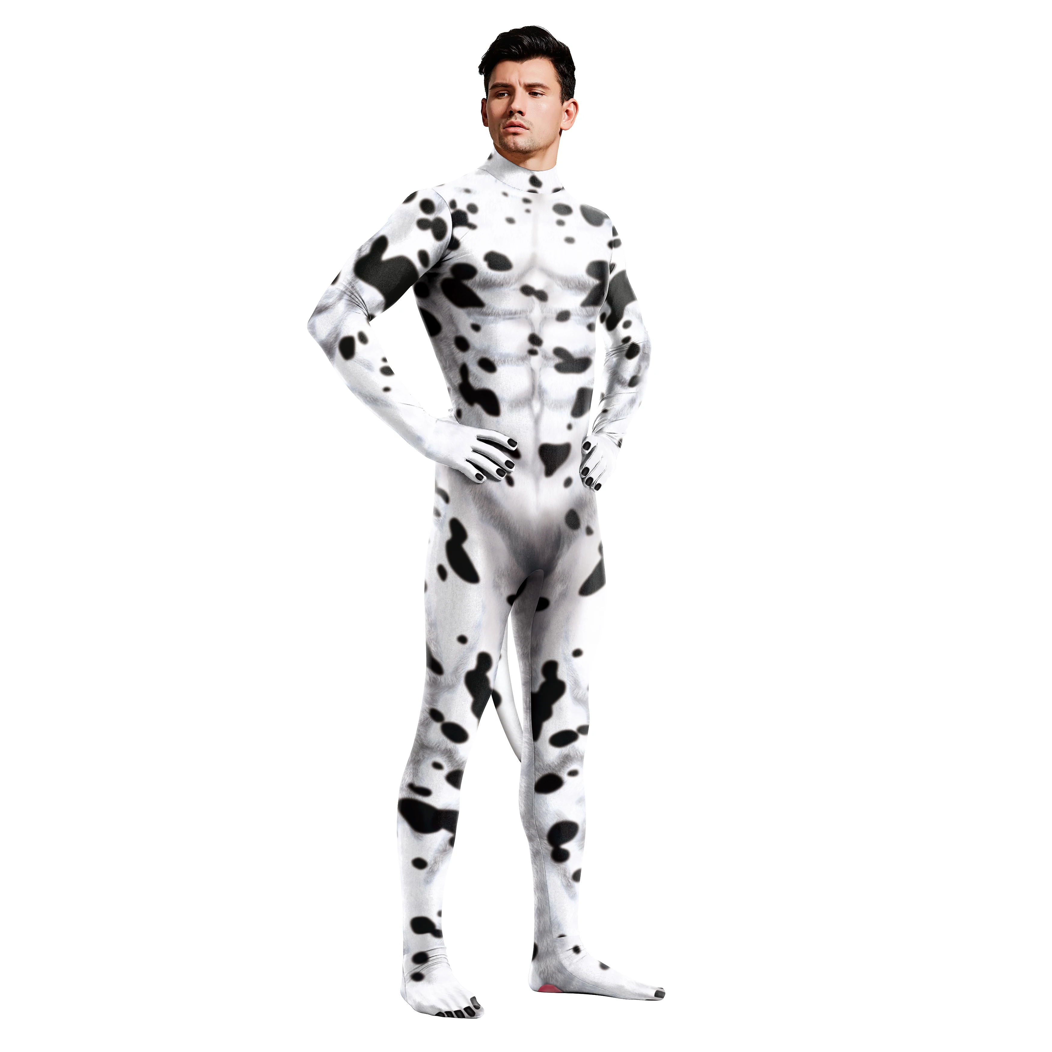 Colore Cosplayer Halloween Costume Cosplay Catsuit 3D Unisex mucca stampata tuta corpo a copertura totale con coda Sexy Zentai Body