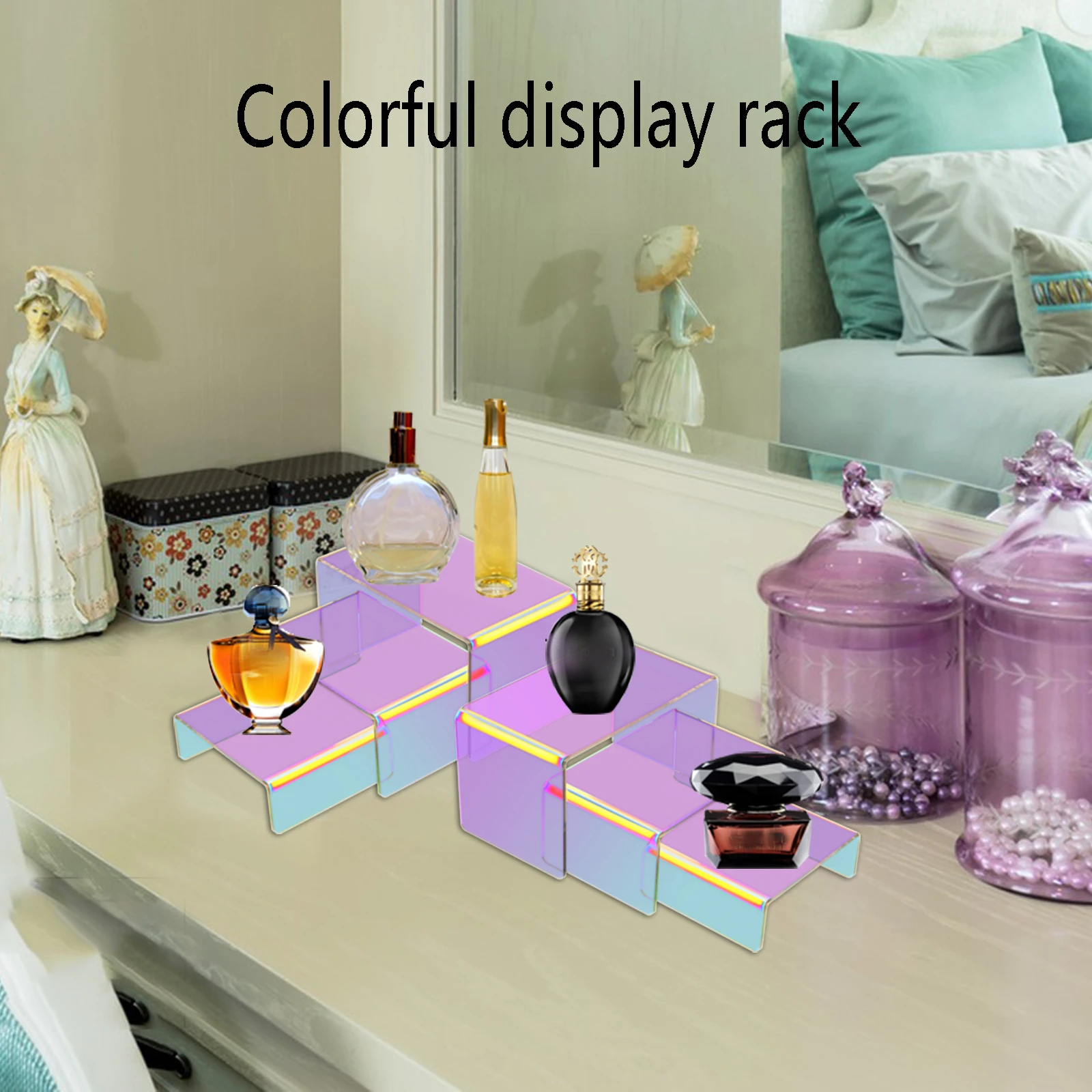Iridescent Acrylic Risers for Display, 6 Pcs Acrylic Risers Collectibles perfume Character Cupcake, Rainbow Acrylic Risers