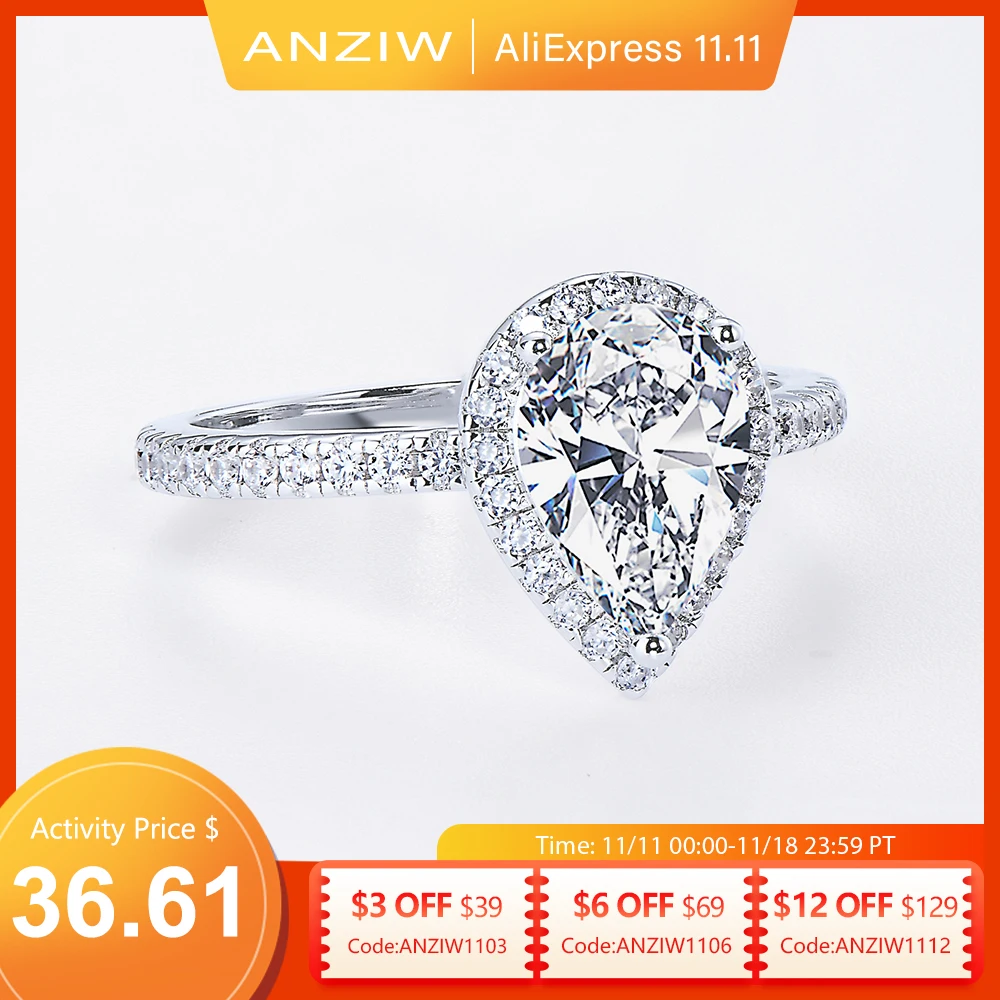 Anziw Original 925 Sterling Sliver Wedding Promise Ring 2.0 Carat Pear Cut Moissanite Ring Bands for Women Engagement Jewelry