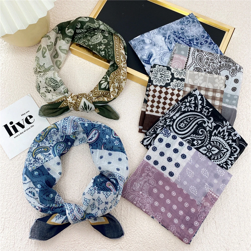 58cm Floral Print Cotton Linen Square Scarf Women Soft Neckerchief Cotton Neck Scarves Small Hijab Head Scarfs Female Foulard