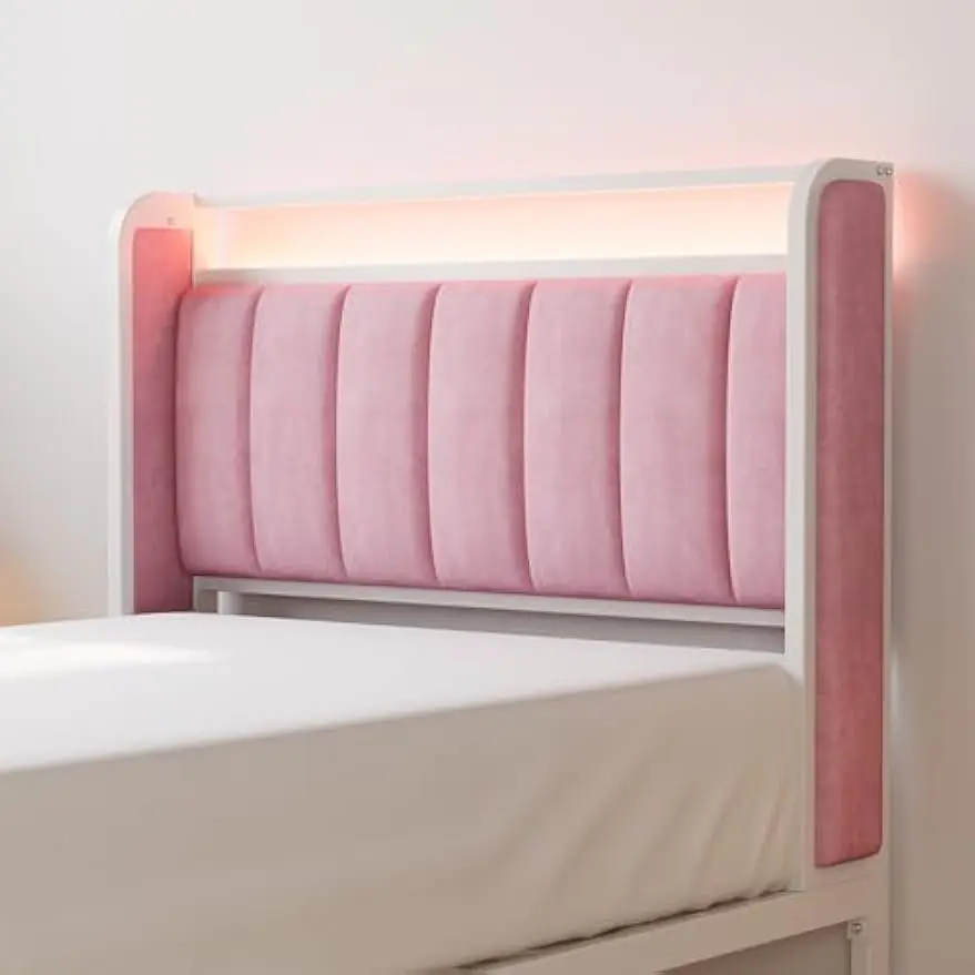 Twinsize bedframe met armleuningen, hoofdeinde en RGB-licht, gestoffeerd Twinsize bedplatform met lades, geen boxspring