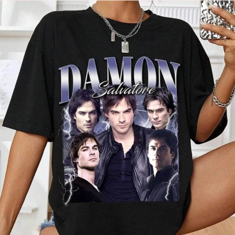 Damon Salvatore T-shirt, Vampire Diaries Pattern T-shirt for Men, Four Seasons Unisex Cotton Casual Fashion Streetwear