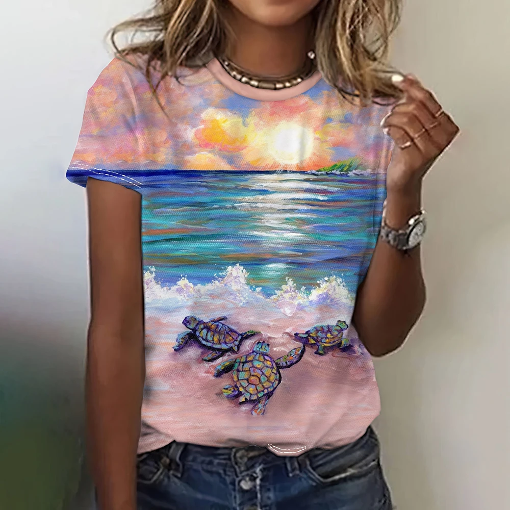 Camisetas con estampado 3D de tortuga para mujer, ropa de calle informal Harajuku, camiseta de manga corta para mujer, camisetas con cuello redondo, ropa de verano