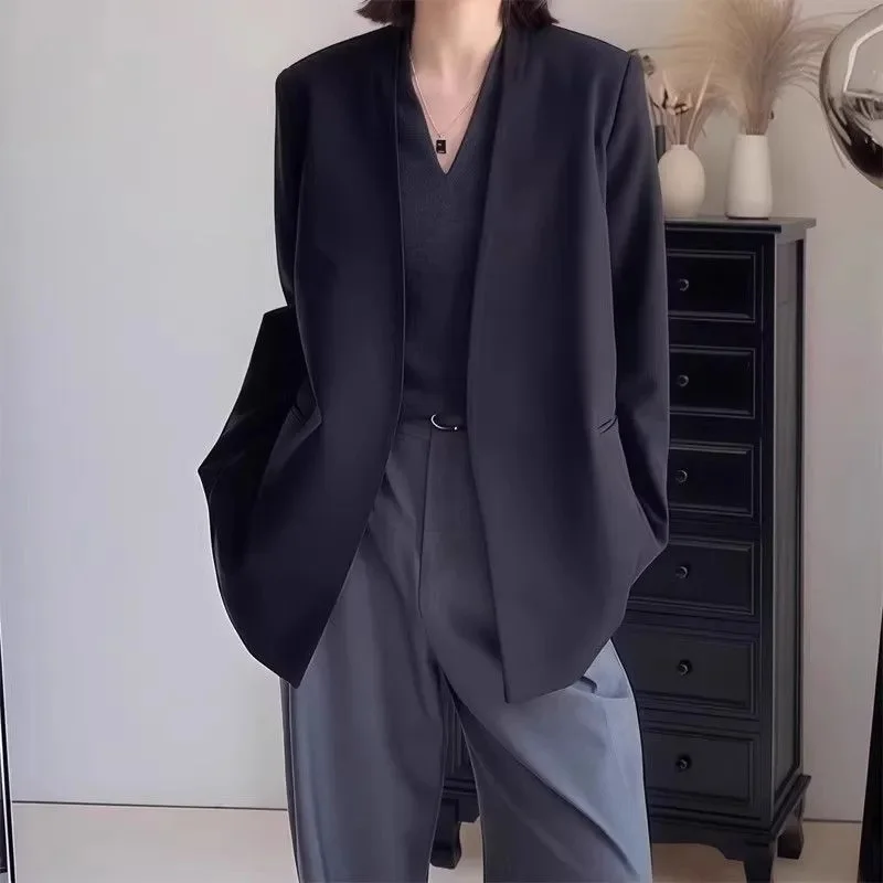 

Women's Jackets Loose Fashion Cardigan Casual Apricot Suit Jacket Women's Autumn High-grade Loose Collarless Ladies Suit Jacket