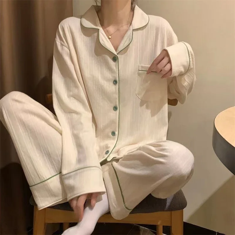 

Women Long Sleeve Trousers Soft Pajamas Dormir Lounge Sleepwear Solid White Pajama Mujer Bedroom Home Clothes Female Pyjamas