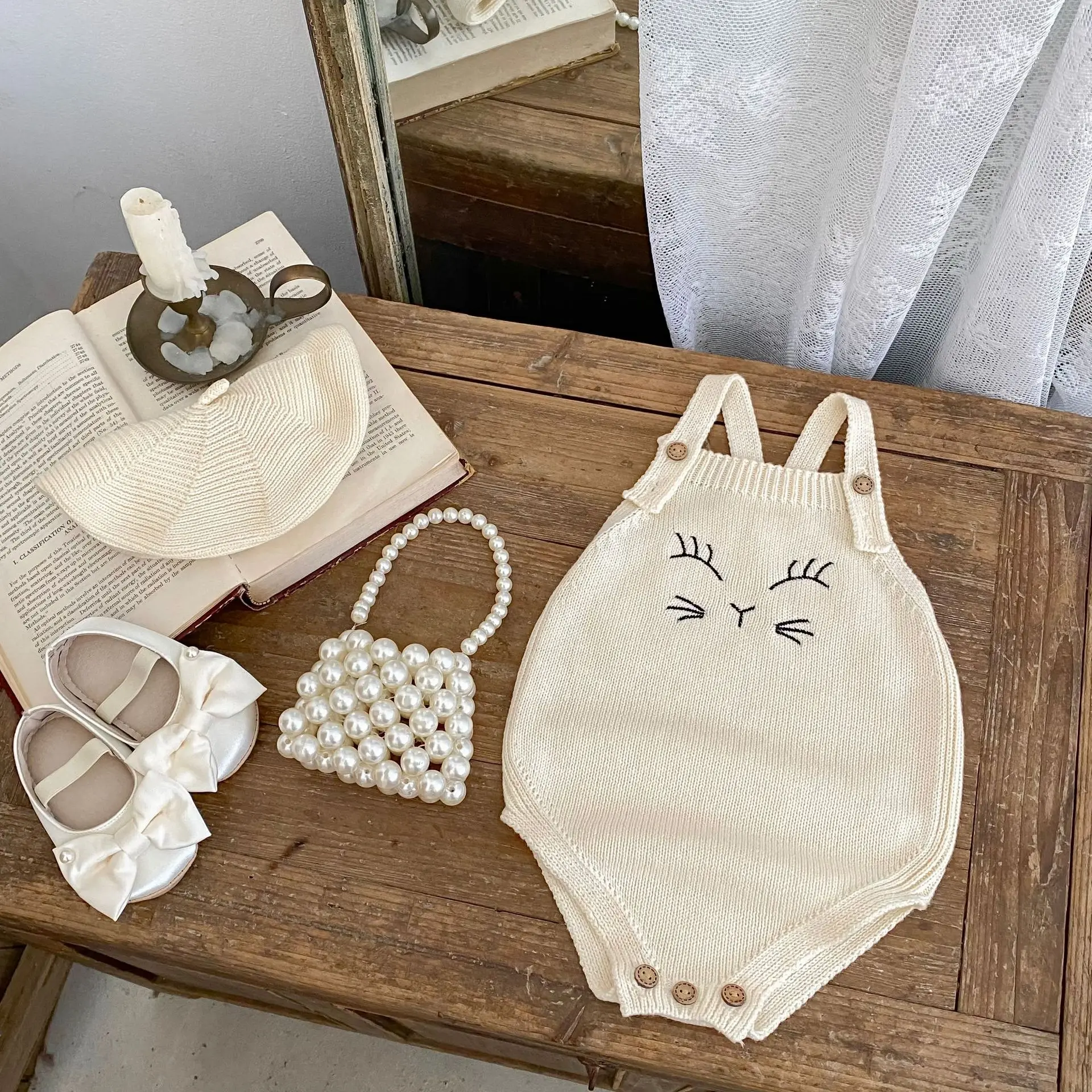 

2025 Autumn Newborn Baby Cat Embroidery Knit Romper Long Sleeve Rompers Unisex 0-24M Cute Animal Print Overalls Bodysuit