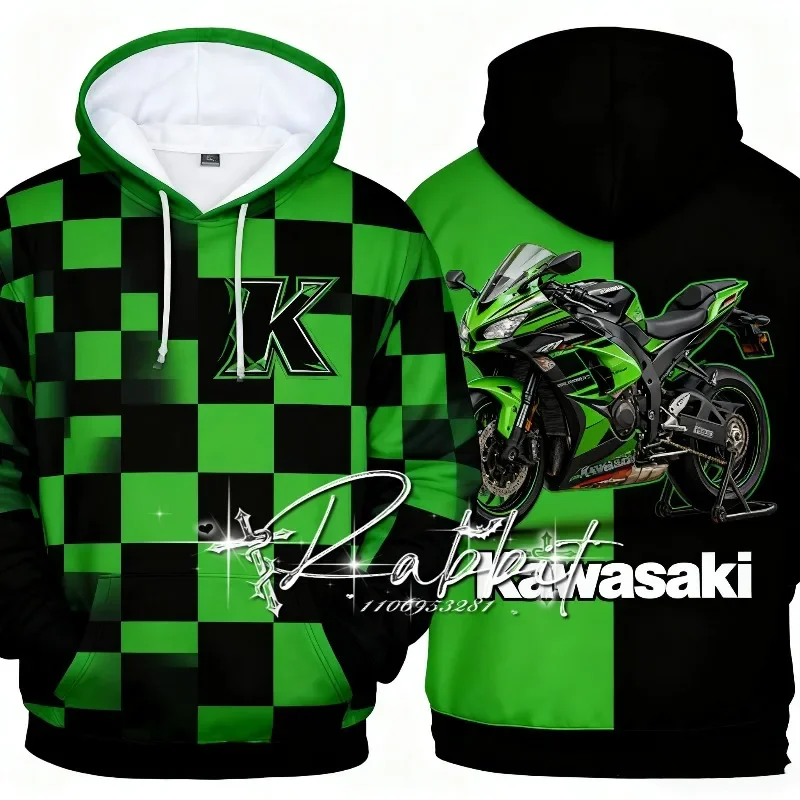 

2025 New Kawasaki Racing Team Autumn/Winter Cycling Warm Hoodie Men's Fashion Street Hip Hop Motorcycle Racing Loose Hoodie