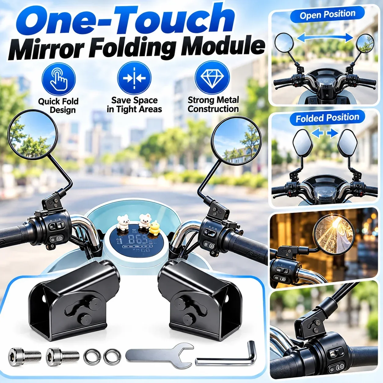 Universal One-Touch Rearview Mirror Folding Adapter for Motorcycle Scooter, Quick Fold Space-Saving Metal Mount Set
