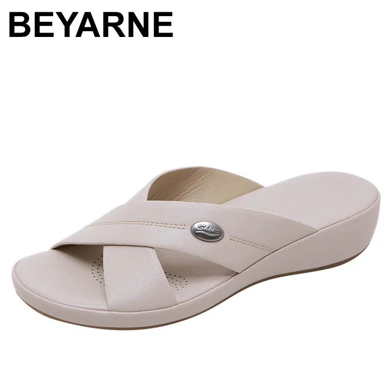 BEYARNE women\'s soft soles casual summer soft bottom large size wedges crossed buckle slippers outdoor shoes beach shoesL020