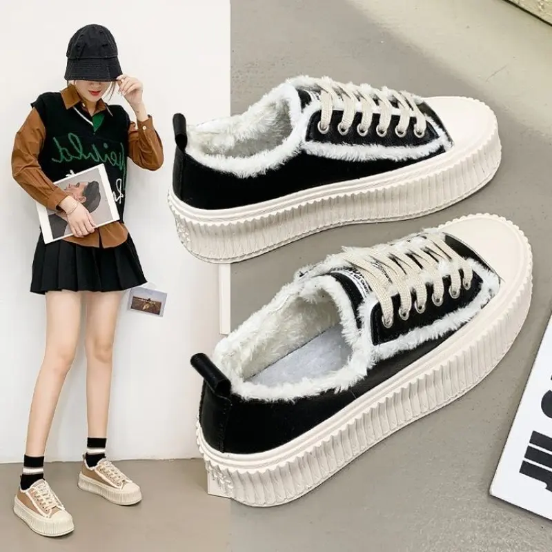 2024 New Spring Platform Shoes For Women Thick Sole Canvas Shoes Lace Up Round Toe Running Shoes Casual Flat Sneakers Female