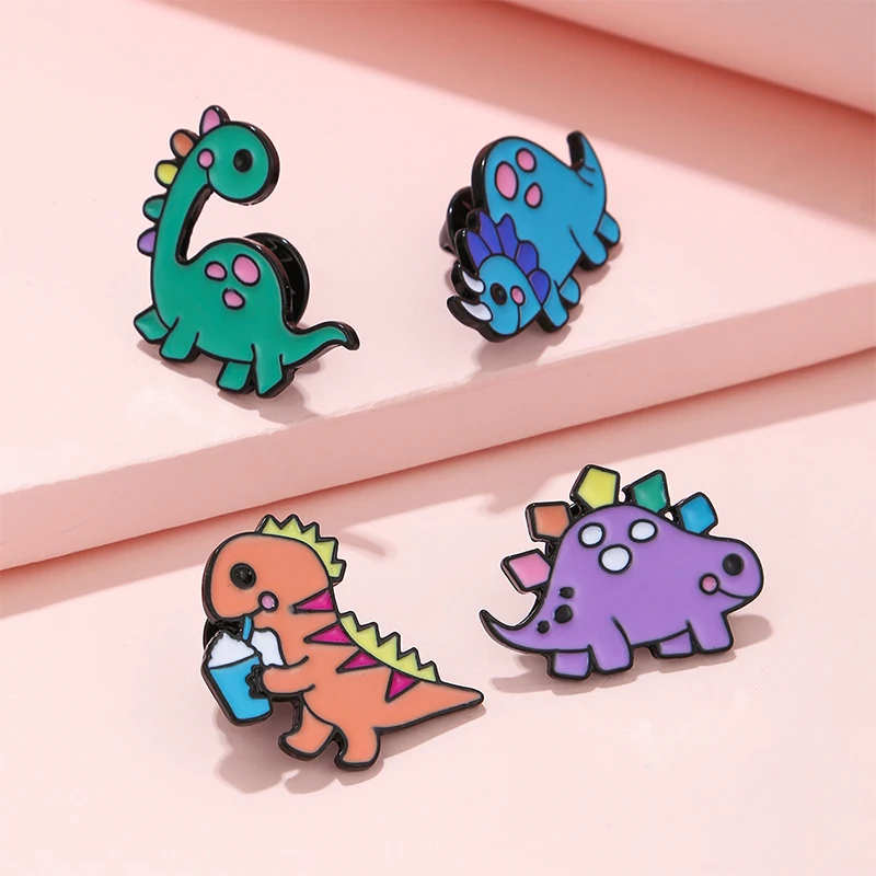 4Pcs/set Cute Dinosaur Shaped Brooches Animal Alloy Badge Buttons for Backpack Clothing Girls Jewelry Gifts