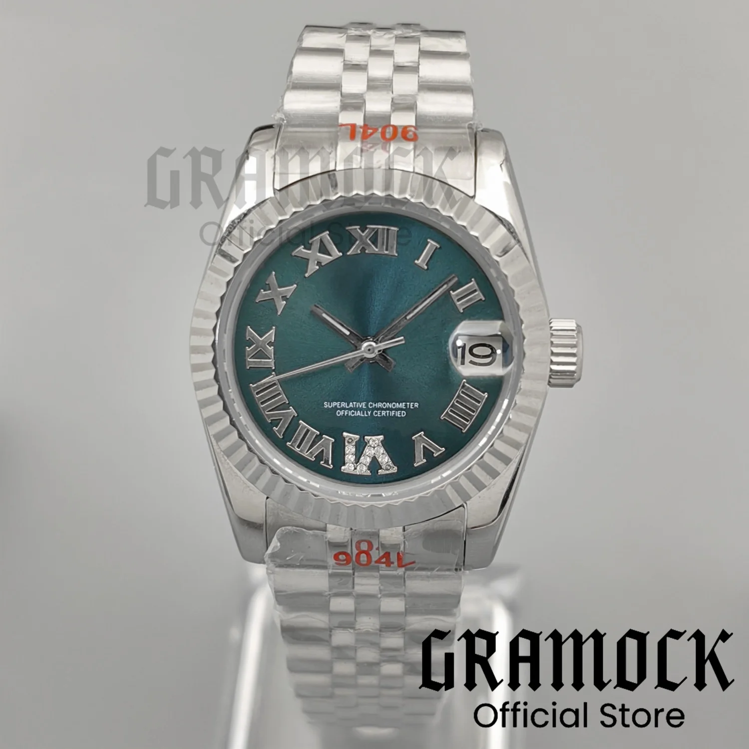 

Gramock 31mm Lady's Silver Mechanical Watch Roman Diamond Time Mark Sapphire Steel Bracelet Diving NH15 Automatic Women Watches