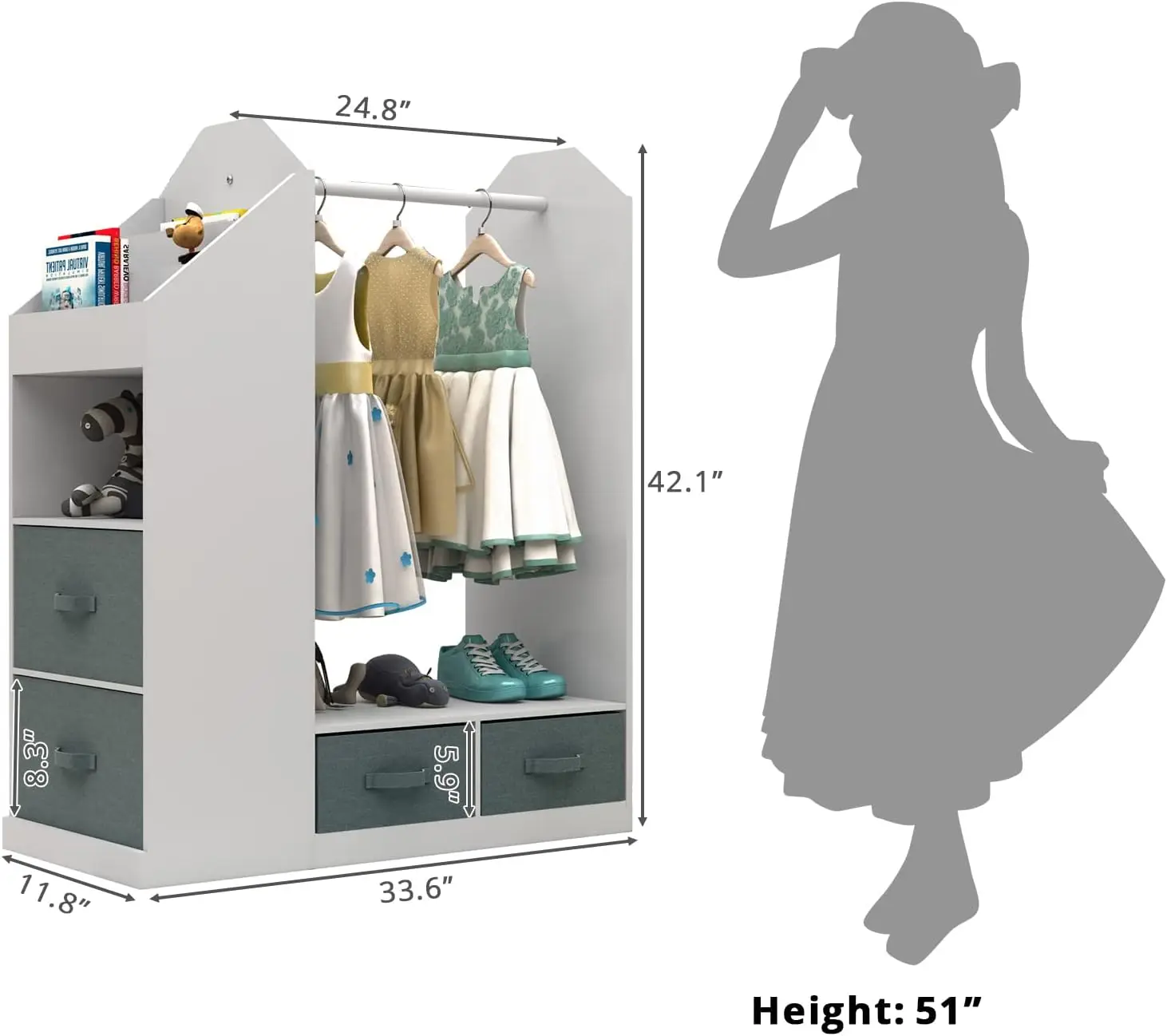 خزانة Drup مع مرآة، منظم أزياء الأطفال، خزانة محمولة مقاس 42.13 بوصة مع مساحة تخزين كبيرة، خزانة مفتوحة لغرفة النوم والحضانة، Whi