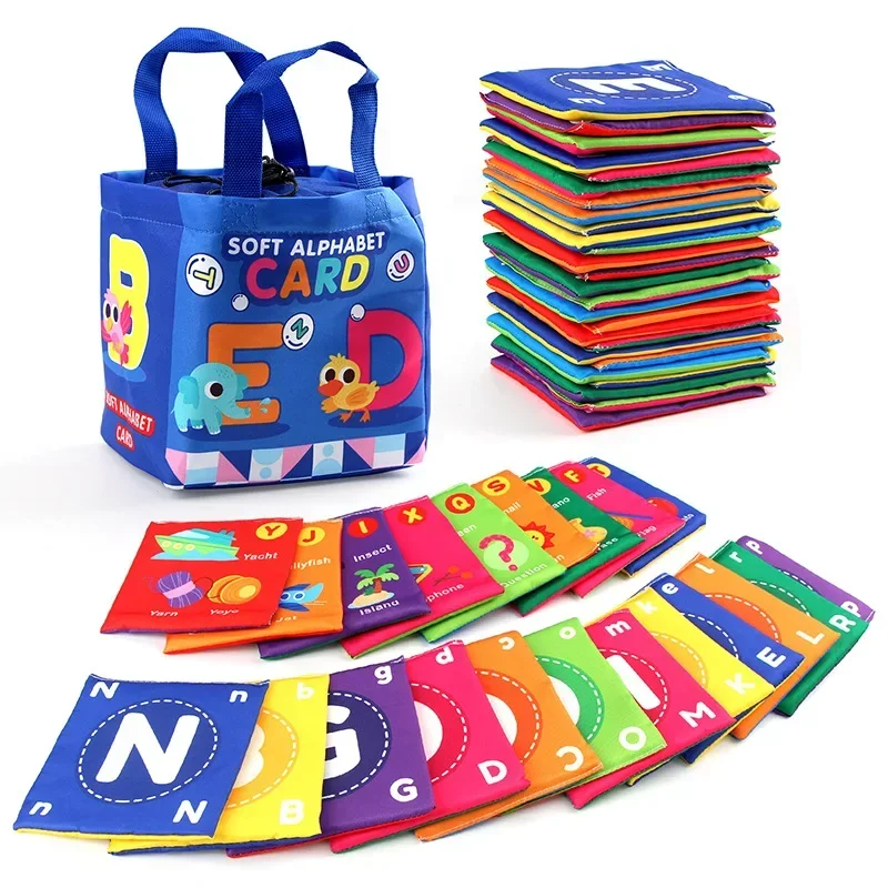 

26pcs/set Baby Cloth Book Soft FlashCards with Cloth Storage Bag Graphic Alphabet Digital Cognition Toys Baby Educational Cards