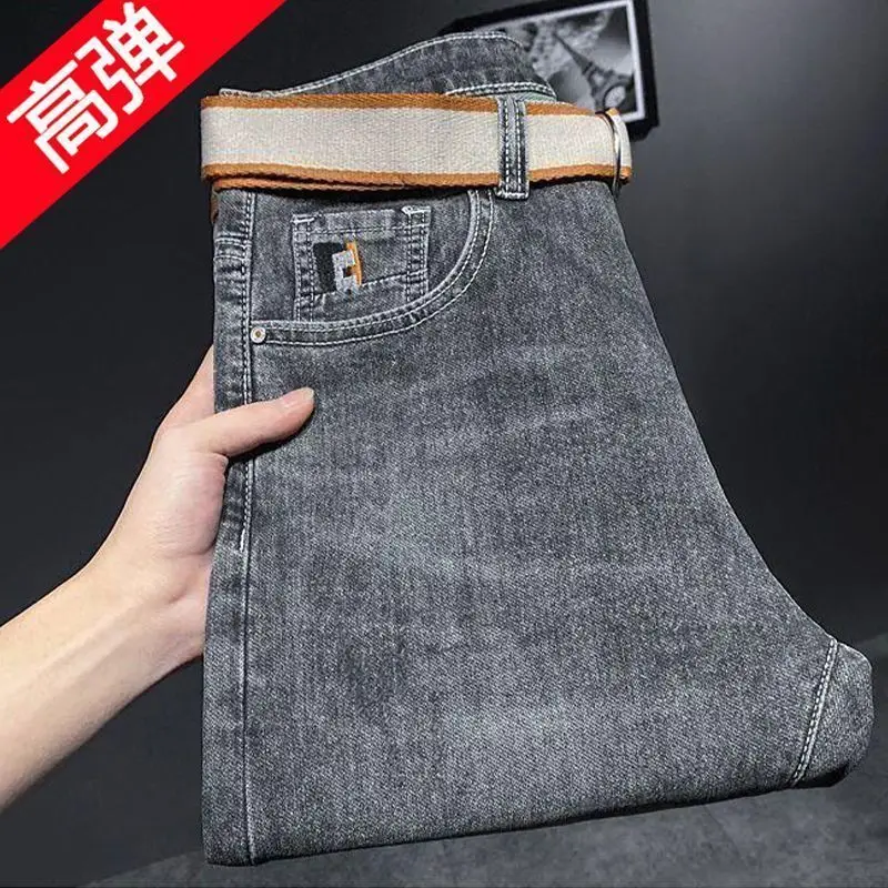 High-Quality Luxury Men\'s Jeans Designer Clothes for Men New 2023 Spring Summer Embroidered Black  Gray Slim Fit Cotton Trousers