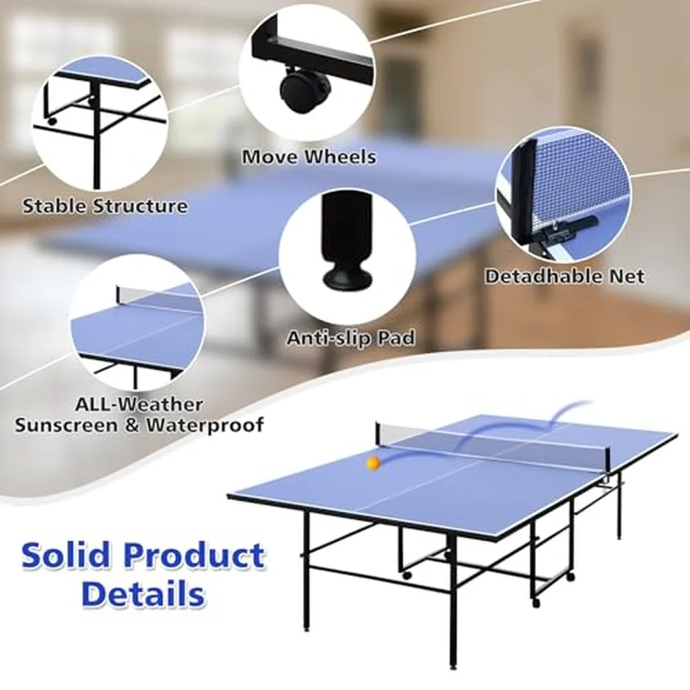 4.5/6ft/9ft Mid Size Portable Ping Pong Tables Set Foldable Table Tennis Table with Net 2 Paddles & 3 Balls Multi Use