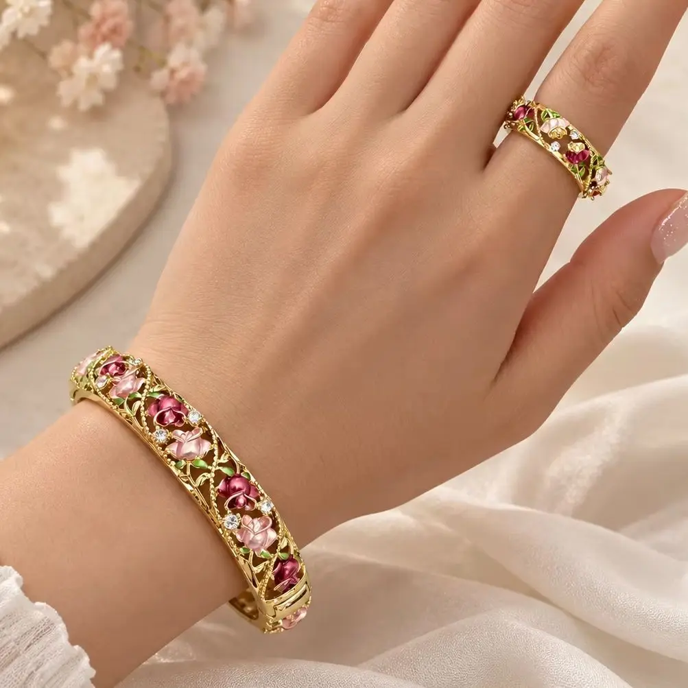 Vintage Enamel Rose Flower Bracelet Ring Set for Women Gold Plated Open Bangle Adjustable Ring Colorful Jewelry Accessories Gift